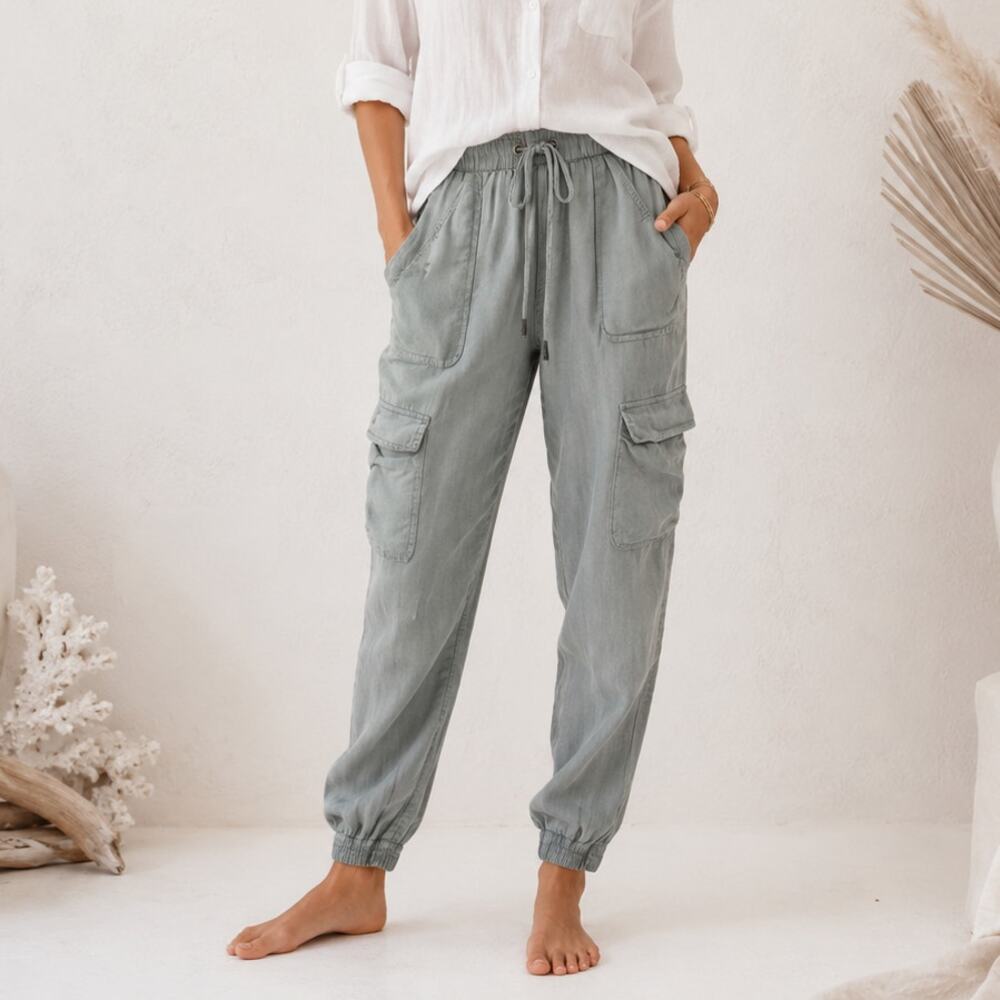 Nicole Miller 100% Linen Joggers Sz S Green Pull-On Tie Waist Beach Cottagecore